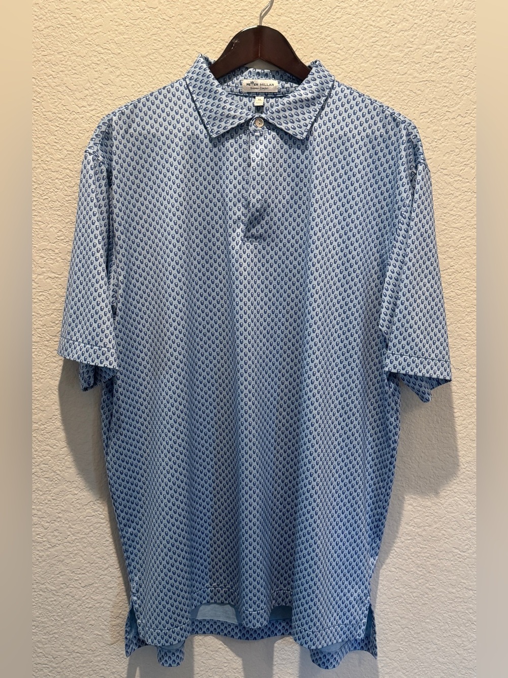 Peter Millar Light Blue and Navy Skull Print Polo, Size XL